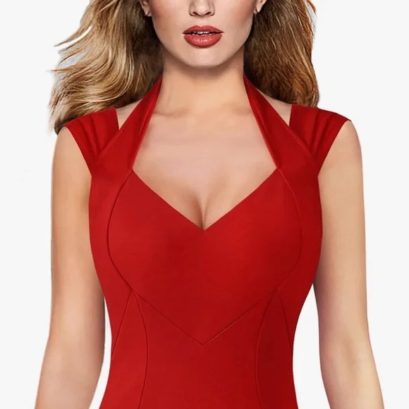 Red Halter V Neck Cocktail Dress - Picture 4 of 5